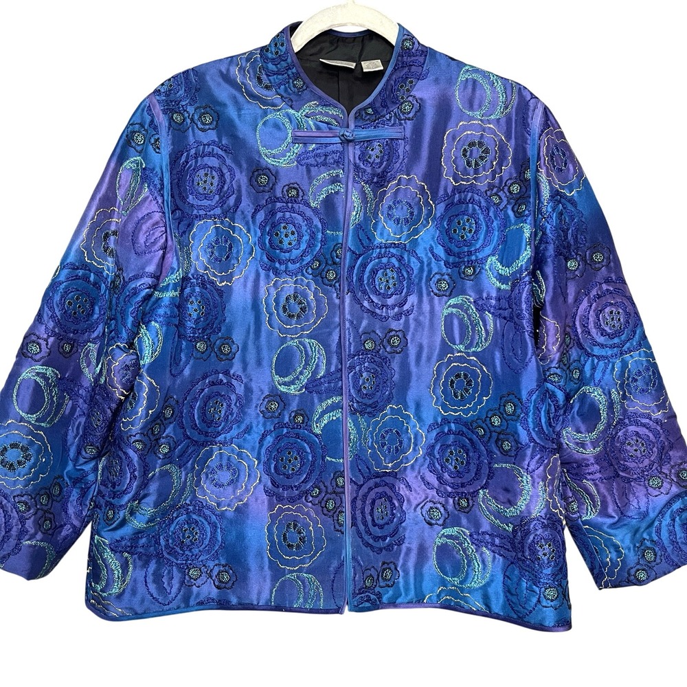 CHICO'S Kimono Silk Topper Jacket Blazer-size‎ 2 Large Eyelet Embroidered